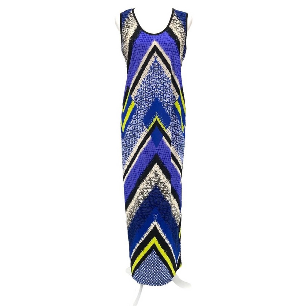 AA Studio Blue and Yellow Chevron Print Scoop Neck Sleeveless Tank Maxi Dress
